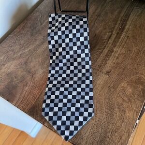 Joseph & Feiss International Mens Silk Necktie Black Gray‎ Checkerboard Pattern